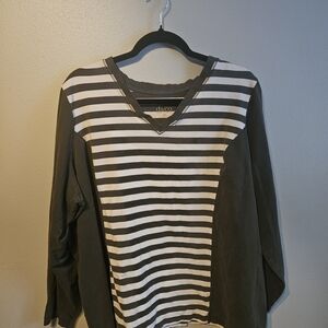 Green and White Striped Long Sleeve Top